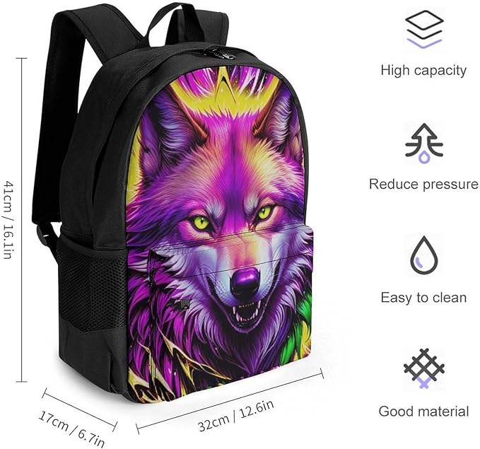 Supdreamc Backpack Anti-Theft Multipurpose Large Capacity Carry On Bag, Cool Red And Yellow Light Wolf Art Camping Outdoor Backpack With Side Pockets