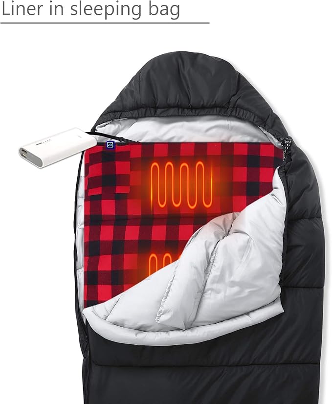 Heated Sleeping Bag pad, Heated Sleeping Bag Liner, 5 Heating Zones, Multi USB Power Supported, Operated by Battery Power Bank or Other USB Power Supply, Compact Bag Included.