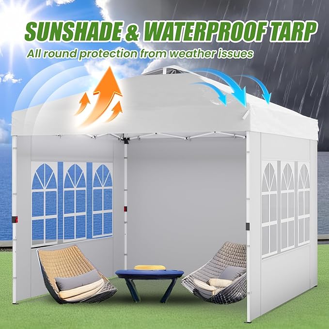 Shades 10x10 Pop Up Canopy with 3 Sidewalls & 4 Sandbags,Heavy Duty Beach Tent with Portable Bag,Sun Shelter for Parties,Events,Outdoor Gazebo with 420D Coated Waterproof White Fabric