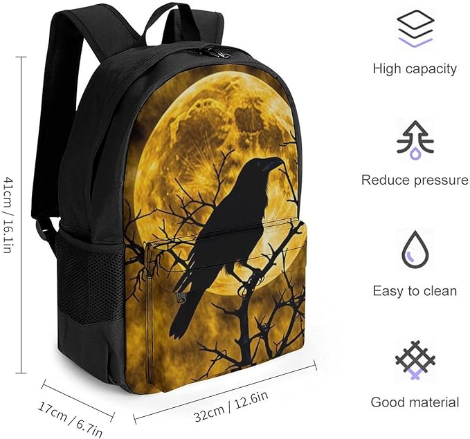 Men Women Polyester Halloween Raven Moonlight Moon Night Daypack Backpack Large Capacity Carry On Bag With Smooth Zippers for Hiking Picnic Walking Cycling