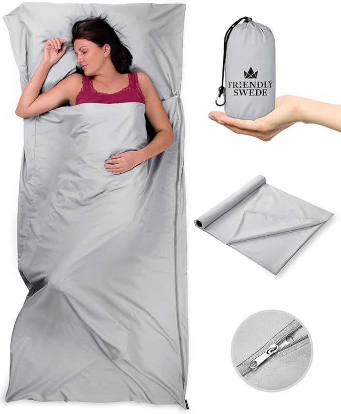 The Friendly Swede Sleeping Bag Liner — Ultralight Polyester or Cold Weather Microfiber Adult Sleep Sack; Thin Travel Sheets for Hotel; Camping Sheets; Travel Sleeping Bag with Pocket-Size Stuff Sack