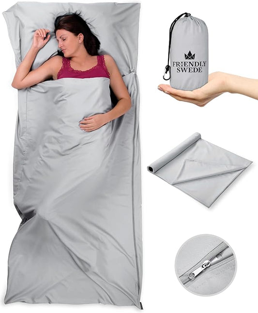 The Friendly Swede Sleeping Bag Liner — Ultralight Polyester or Cold Weather Microfiber Adult Sleep Sack; Thin Travel Sheets for Hotel; Camping Sheets; Travel Sleeping Bag with Pocket-Size Stuff Sack