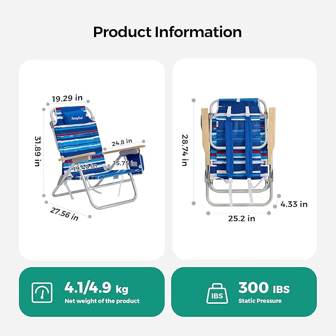 SUNNYFEEL Folding Beach Chair, Aluminum Heavy Duty Beach Chair with 3 Reclining Position, Portable Camping Chair for Adult, Low Back, Wood Armrest, Lightweight, 300lbs, Blue Stripe, 2 Pack