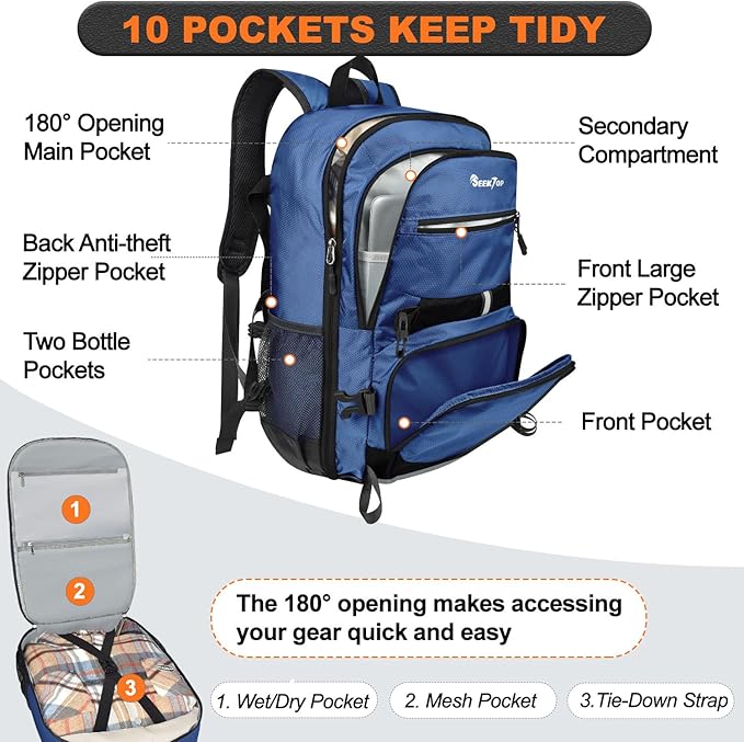 Seektop Lightweight Travel Backpack for Men Women, Multiple Pockets 40L Hiking Backpack Foldable Carry on Backpack for Outdoor Camping Sport Leisure (Blue)