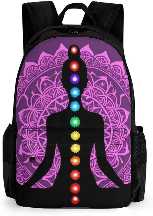 Lightweight Backpack for Gym Travel Bicycle, Big Capacity Multipurpose Anti-Theft Carry On Bag, Seven Chakra Yoga Meditation Lotus Purple Mandala Travel Hiking Bag Day Pack