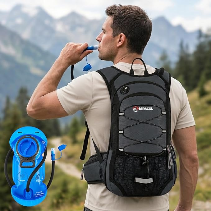 Miracol Hiking Hydration Backpack with Bladder: 2L Water Reservoir for 8H Hydration - Insulated Keep Water Cold 4 Hours - 15L Capacity & Adjustable Straps Comfortable for Day Hiking (Grey)