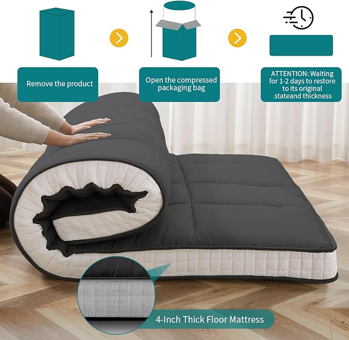 SUNYRISY Japanese Floor Futon Mattress Foldable & Portable Tatami Mat Sleeping Pad Roll Up Bed Topper for Guest Lounger, Queen, Black