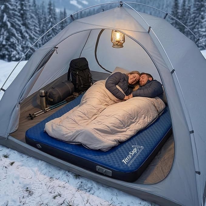 Full Size Camping Air Mattress, Self-Inflating Sleeping Pad with Electric Pump for 2 Person, 4.5" Thick Insulated Air & Foam Mat for Tent Camping, Portable & Comfortable for 4-Season Use(Full,Blue)