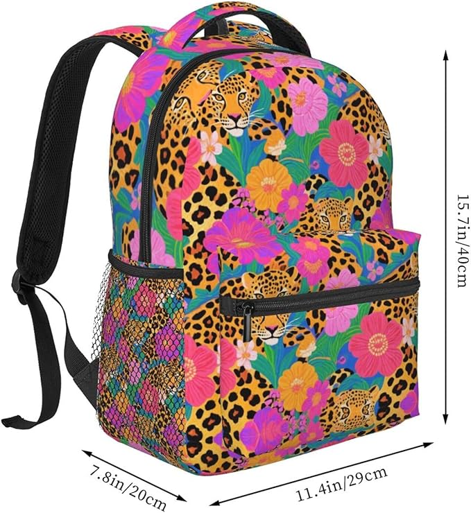 Men Women Polyester Red Floral Leopard Cheetah Art Daypack Big Capacity Shoulder Bag With Smooth Zippers for Hiking Work Walking Cycling