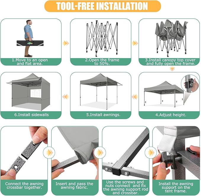 COBIZI 10x10 Pop Up Canopy Tent with Awning,Heavy Duty Canopy UPF 50+ All Season Wind Waterproof Commercial Outdoor Street Vendors Party Tents for Parties Canopy with Carry Bag(10 x 10 ft Gray)