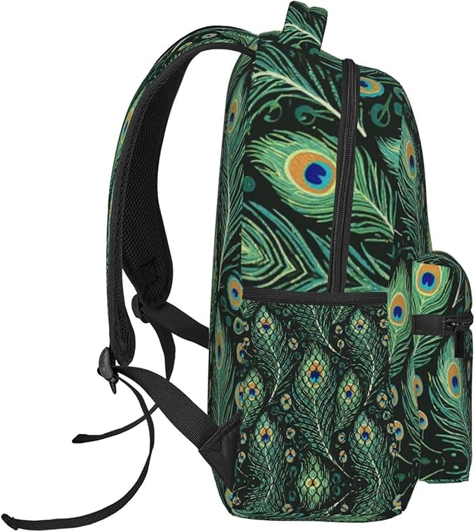 Men Women Lightweight Chic Animal Beautiful Peacock Feather Green Art Backpack Large Capacity Bookbag With Smooth Zippers for Gym Business Running