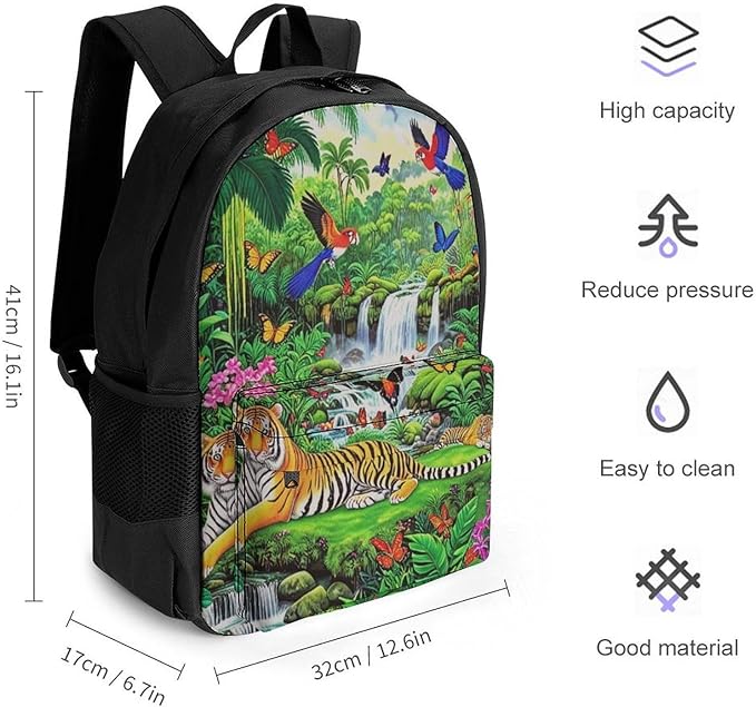 Supdreamc Shoulder Book Bags Anti-Theft Multipurpose Big Capacity Bookbag, King Of The Tiger Tropical Rainforest Landscape Jungle Parrot Birds Travel Hiking Backpack With Smooth Zippers