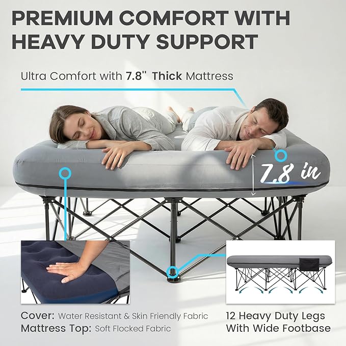 FUNDANGO Queen Camping Cot with Electric Pump, 2 Person Inflatable Air Mattress with Folding Frame, Portable Camping Bed with Cup Holders & Removable Cover for Adults, Tent Guest, Carry Bag Included