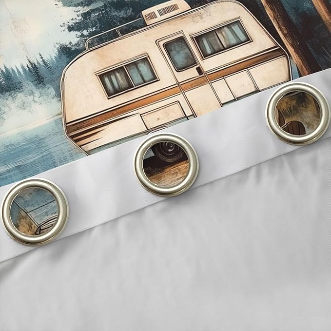Manfei Camper Camping Window Drapes,Bonfire Campfire RV Trailer Adventure Boys Girls Room Decor,Pine Tree Lake Fishing Rustic Farmhouse Blackout Curtains,Black 2 Panels,42Wx84L inch