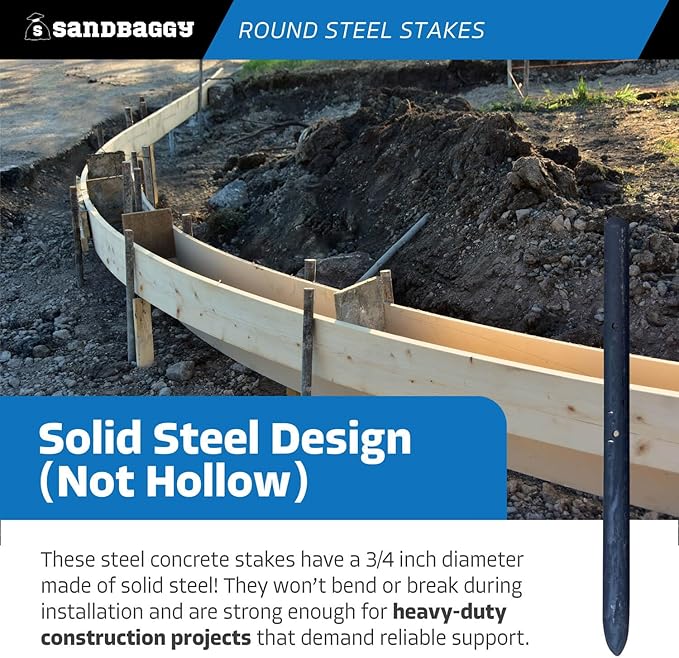 Sandbaggy Round Steel Concrete Form Stakes with Nail Holes - Rust Resistant Coating - Removable, Reusable (80, 3/4 in X 12 in)
