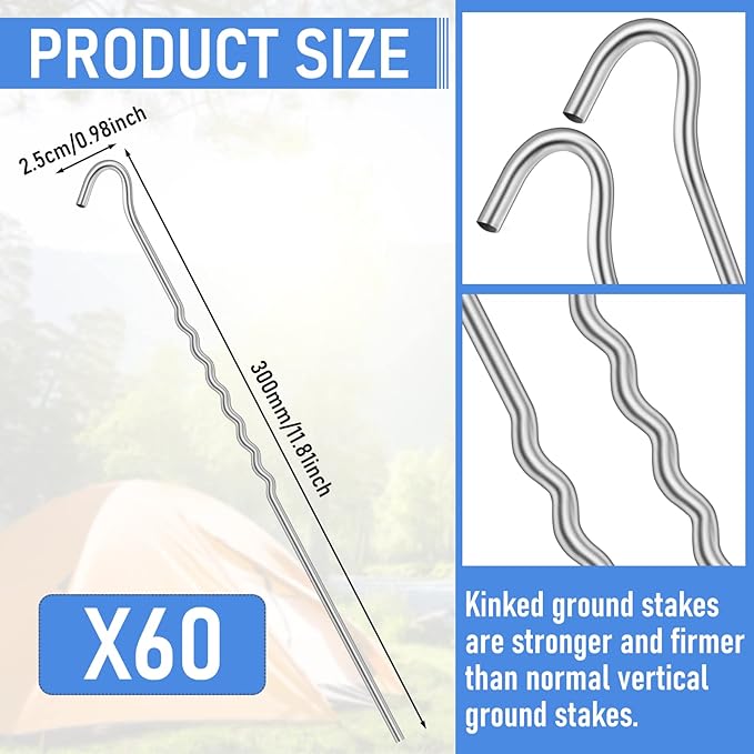 Cindeer 60 Pcs Kinked Metal Tent Stakes 12 Inch Metal Garden Edging Fence Hooks Pegs Dog Dig Proof Yard Spikes Heavy Duty Galvanized Ground Stakes Spikes Long Tent Pegs for Outdoor Canopy Tarp