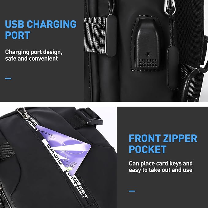 SEAFEW Anti Theft Sling Crossbody Backpack Shoulder Bag for Men, Lightweight One Strap Motorcycle Back Pack Sling Bag Backpack for Hiking Walking Biking Travel Cycling with USB Charger Port