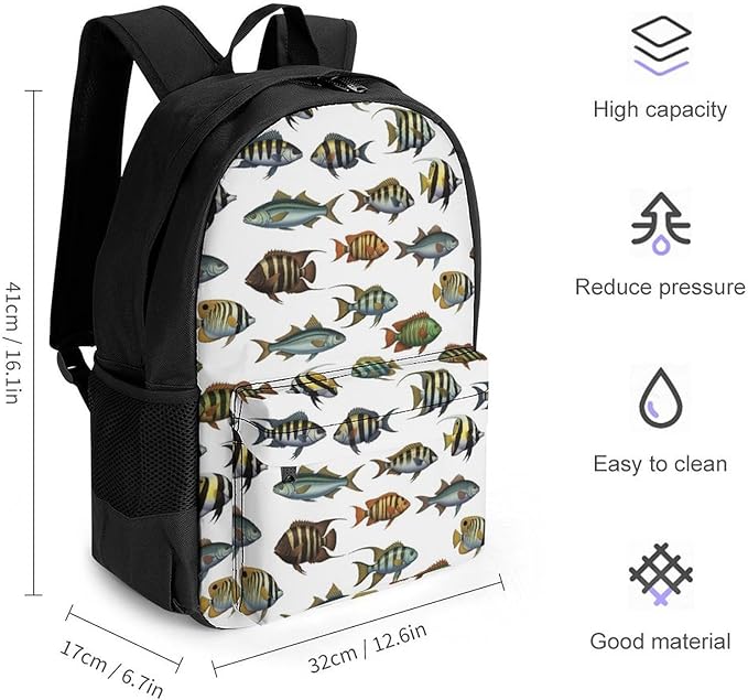 Supdreamc Lightweight Daypack Backpack for Sports Travel Running, Large Capacity Multipurpose Anti-Theft Bookbag, Sea Fish Pattern Laptop Backpack Daypack