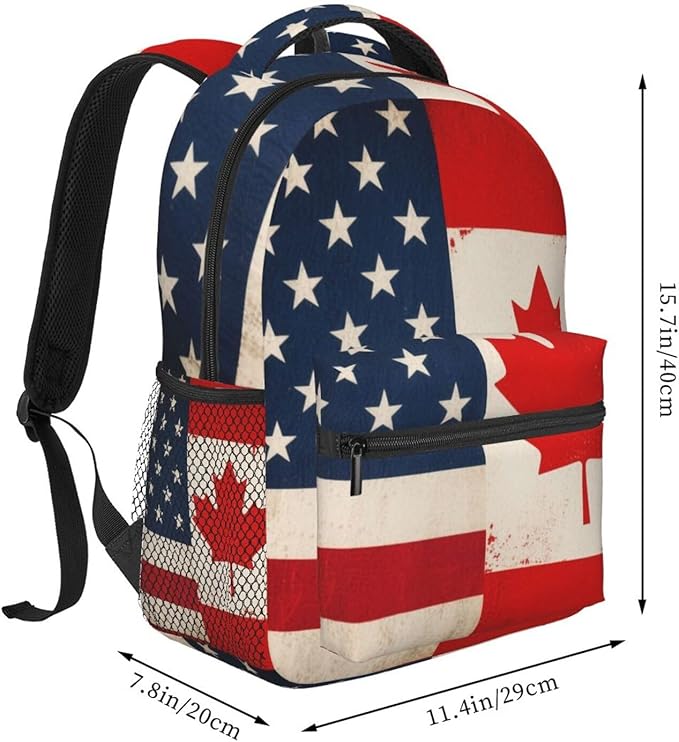Daypack Backpack Polyester Anti-Theft Multipurpose Usa America Ca Canada Flag Art Bookbag Big Capacity Travel Hiking Camping Rucksack With Smooth Zippers
