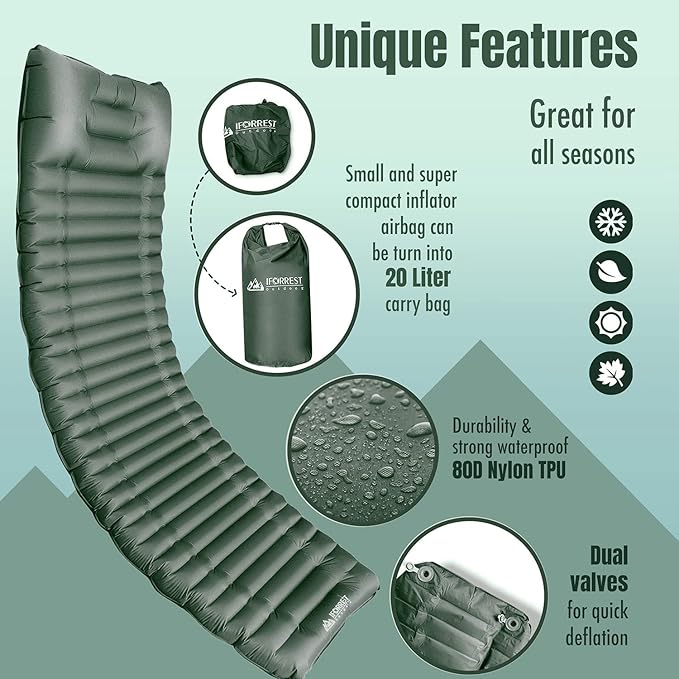 IFORREST Camping Sleeping Pad with Armrest & Pillow - Self-Inflating Air Mattress - Rollover Protection - Ultra-Comfortable Mat - Lightweight for Tent, Cot, Backpacking(XL)