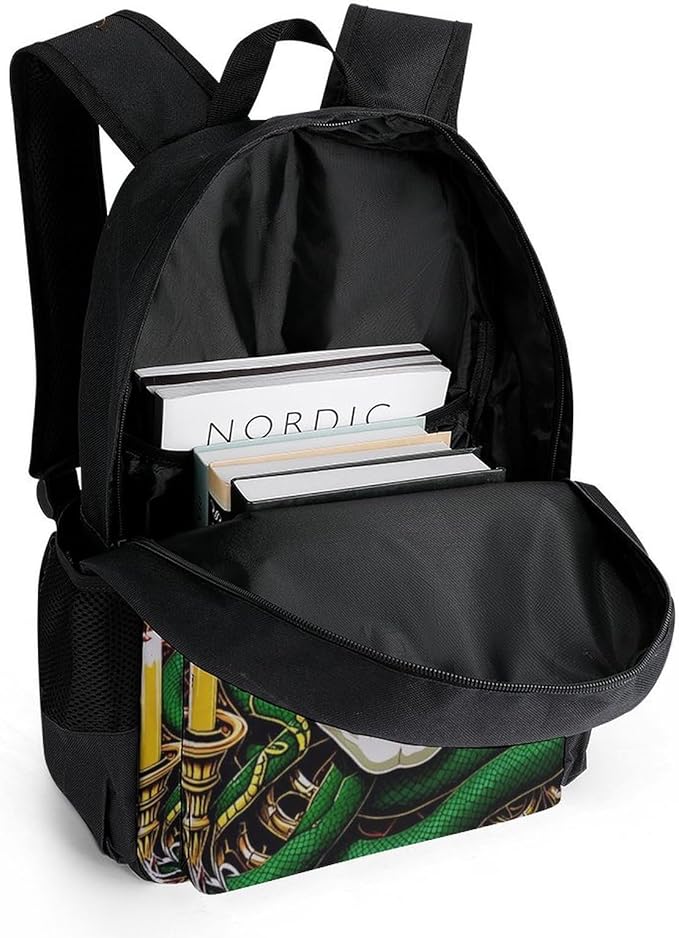 Supdreamc Lightweight Backpack for Gym Travel Bicycle, Big Capacity Multipurpose Anti-Theft Carry On Bag, Medusa Skull Green Snake Art Travel Hiking Bag Day Pack