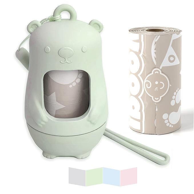 Teddy Bear Diaper Bag Dispenser | Diaper Trash Bags on the Go Dispenser w/Silicon Strap | 15 UNSCENTED Baby Poop Bags per Roll | Dirty Diaper Bags Disposable | Diaper Waste Bags (SAGE GREEN)