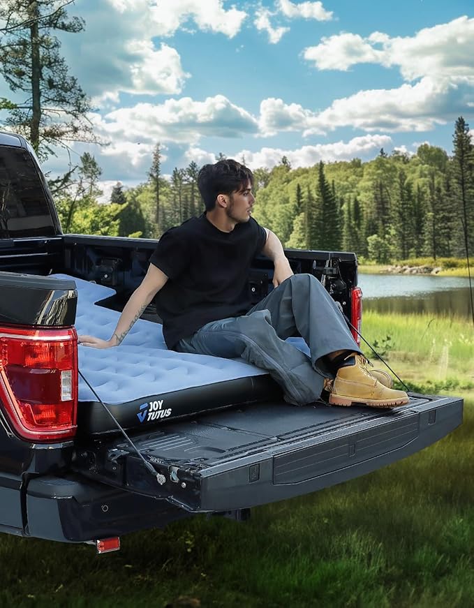 JOYTUTUS 6.4-6.7Ft Truck Bed Air Mattress with Built-in Cup Holder,Thickened Inflatable Full Size Regular Truck Beds, with Air Pump&2 Pillows