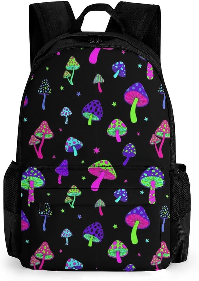 Men Women Lightweight Rainbow Colorful Neon Mushrooms Casual Daypack Big Capacity Bookbag With Padded Straps for Gym Travel Walking Cycling
