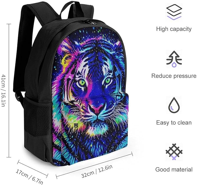 Supdreamc Lightweight Daypack Bookbag for Trekking Business Walking Cycling, Big Capacity Anti-Theft Multipurpose Carry On Bag, Abstract Colorful Tiger Art Business Computer Bag