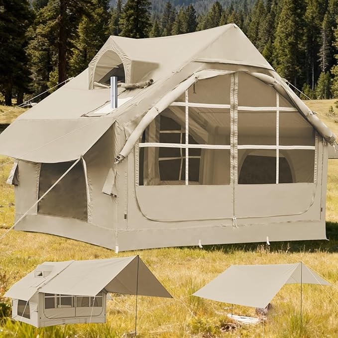 Inflatable Tents with Hand Pump Hot Tent with Stove Jack Easy Blow Up Glamping Tent with Mesh Windows, 4-6 Person Instant Family Camping Tents Waterproof for 4 Seasons