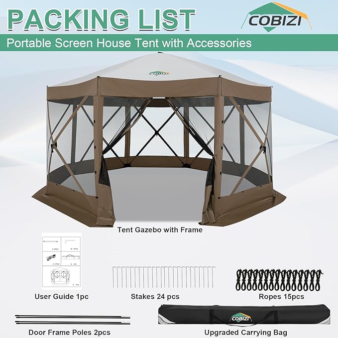 COBIZI 15x15 FT Pop Up Gazebo - Canopy Tent, Large Gazebos On Clearance with Sidewalls, Screened in Gazebo,carpas para Patio,Portable Screen Tents for 12-15 Persons Outdoor Camping, Backyard,Brown