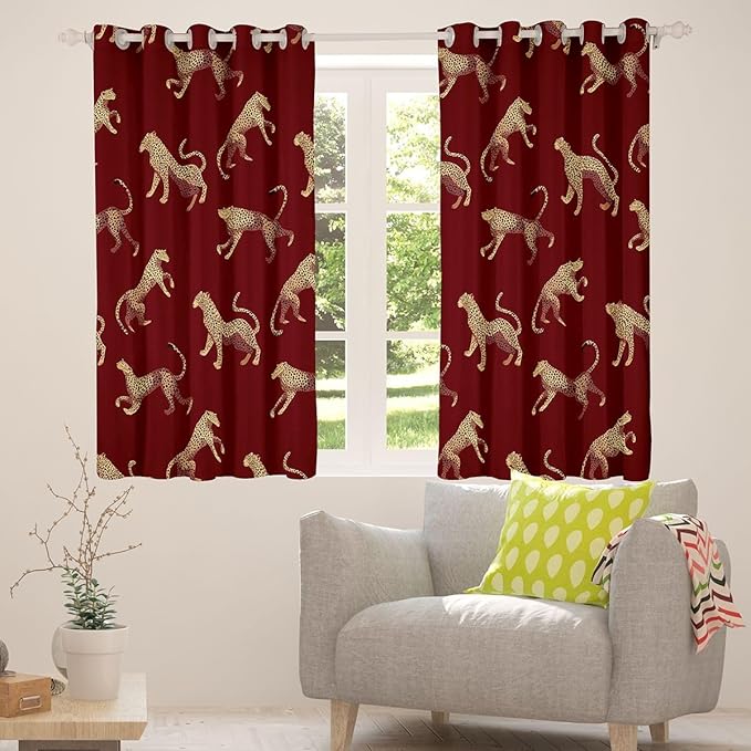 Leopard Window Curtain | Wild Animal Cheetah Blackout Curtain for Men Bedroom Decor,Africa Animals Curtains Vintage Red Living Room Top 2 Panels,52Wx63L
