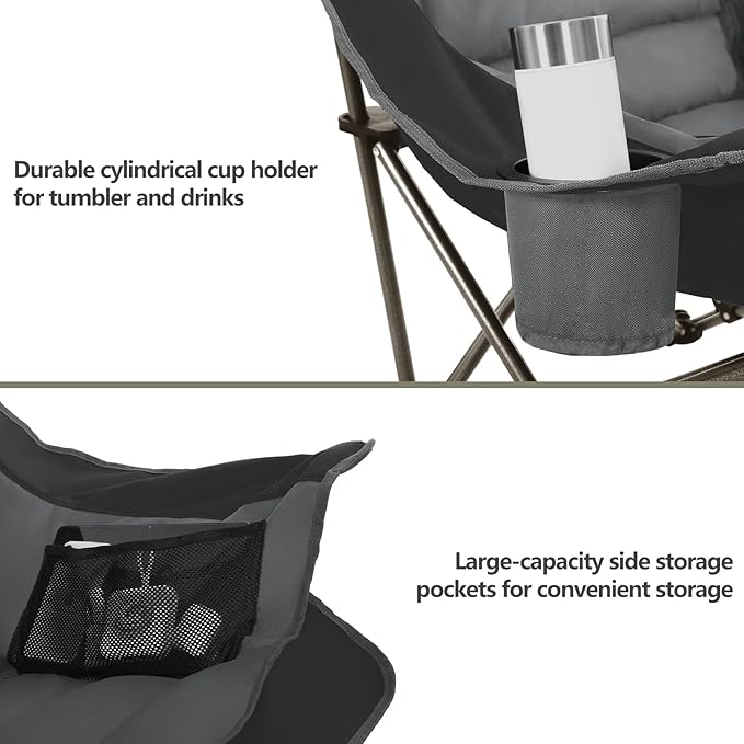 Oversized XL Padded Camping Chair Wide Heavy Duty Lawn Chairs Support 450 LBS Portable Folding Gaint Camp Chair with Side Pocket Cup Holder for Outdoor Outside Sports Baseball-Black&Grey