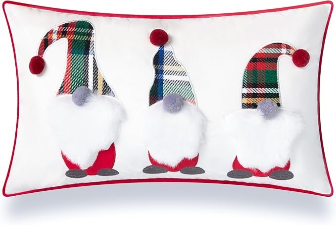 Hofdeco Premium Holiday Winter Soft Velvet Decorative Lumbar Pillow Cover ONLY for Couch, Sofa, Bed, Embroidery Christmas Gnomes, Red, 12"x20"