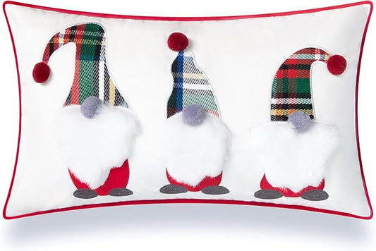 Hofdeco Premium Holiday Winter Soft Velvet Decorative Lumbar Pillow Cover ONLY for Couch, Sofa, Bed, Embroidery Christmas Gnomes, Red, 12"x20"