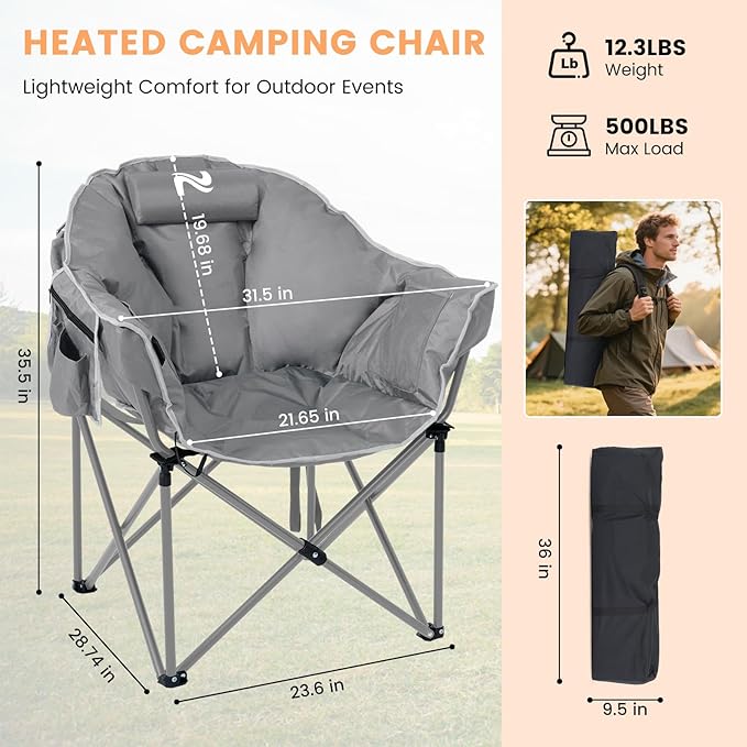 Oversized Heated Camping Chair, Heated Chairs Outdoor Sports with 3 Heat Levels, Portable Folding Heated Outdoor Chair for Lawn Patio Lounge, Battery NOT Included