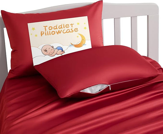 NTBAY Zippered Silk Satin Toddler Pillowcases - 2 Pack Hidden Zipper 13x18 Pillowcases - Luxury and Silky Baby Travel Pillow Covers, Red
