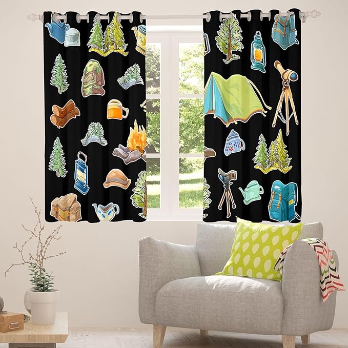 Feelyou Black Camper Theme Curtains for Bedroom Living Room Happy Camping Blackout Shades Adventure Camper Room Darkening Curtain Window Treatments, 2 Panels 52 x 90 Inch Decor