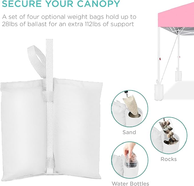 Best Choice Products 12x12ft Pop Up Canopy Tent, Outdoor Shade, 1 Person 1 Minute Set Up, Carry Case, 4 Weight Bags - Pink/White