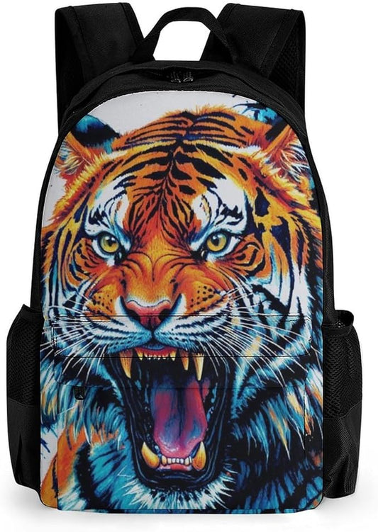 Supdreamc Men Women Lightweight Blue Fierce Wild Tiger Animal King Art Daypack Bookbag Big Capacity Carry On Bag With Side Pockets for Camping Travel Bicycle