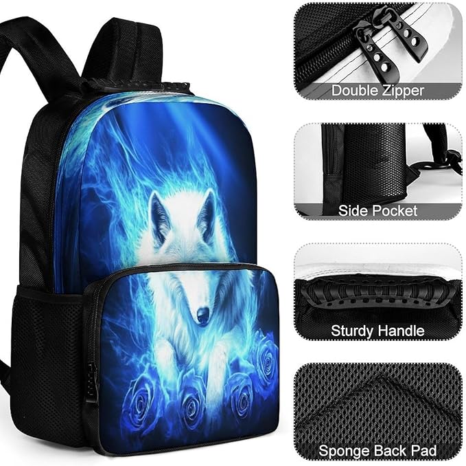 Lightweight Rucksacks for Camping Picnic Walking Cycling, Large Capacity Multipurpose Anti-Theft Carry On Bag, Blue Fire Flame Rose Wolf Travel Hiking Camping Rucksack