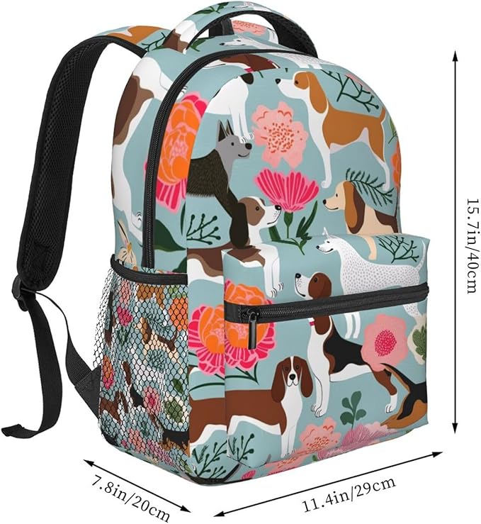 Polyester Daypack Backpack for Sports Travel Running, Big Capacity Anti-Theft Multipurpose Carry On Bag, Sweet Basset Hound Dog And Vintage Florals Laptop Book Bag Rucksack