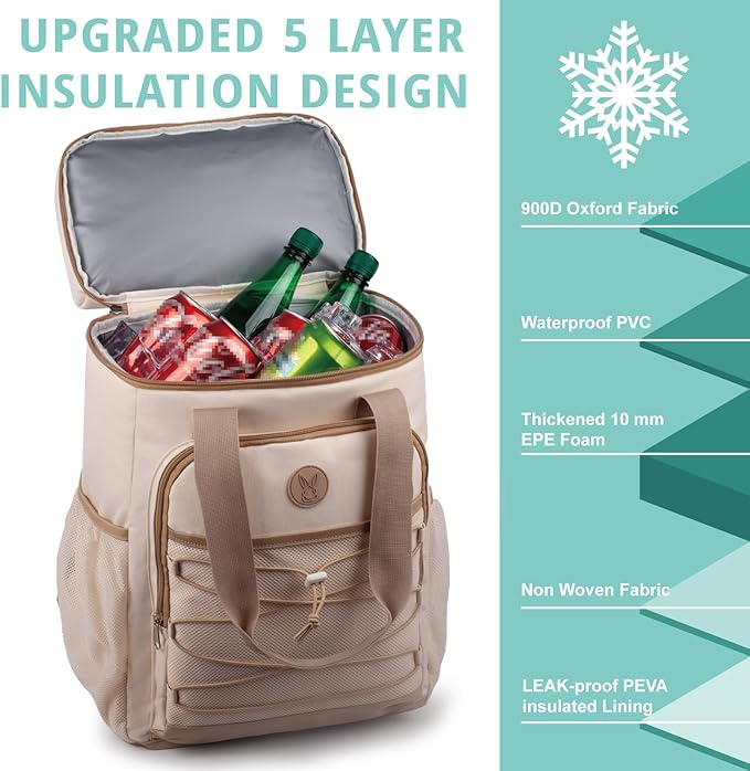 Cooler Backpack with Padded Top Handle, Lightweight Back Pack Coolers Insulated Leak Proof, Large Capacity Ice Chest for Women Men Beach Camping Picnic Fishing Hiking