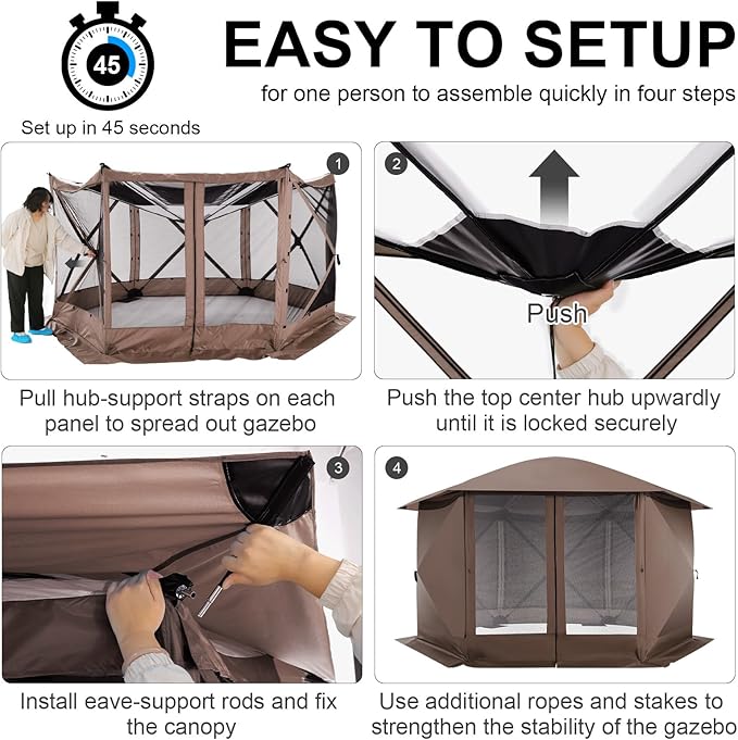 COBIZI Pop Up Gazebo Screen Tent Screen House for Camping, 12x12 Screen Room with Mosquito Netting, Hub Tent Instant Screened Canopy with Carrying Bag and Ground Stakes, Brown