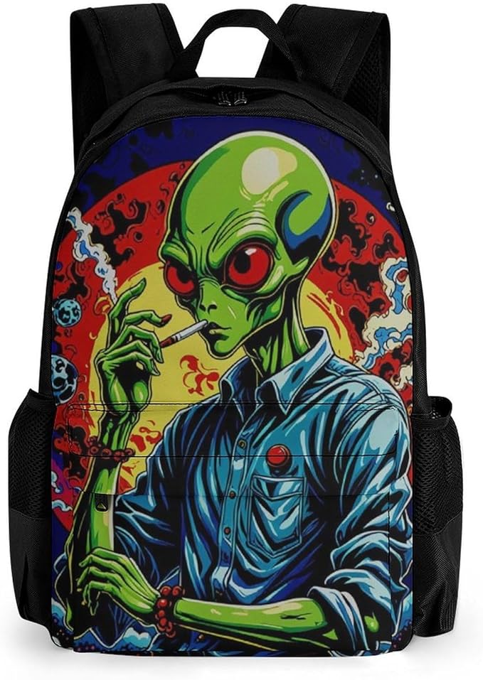 Men Women Polyester Psychedelic Space Alien Smoking Art Backpack Large Capacity Bookbag With Smooth Zippers for Climbing Picnic Bicycle