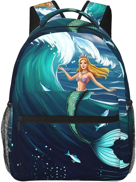 Daypack Backpack Anti-Theft Multipurpose Large Capacity Carry On Bag, Fantastical Style Mermaid And Huge Waves Art Traveling Camping Backpack With Side Pockets