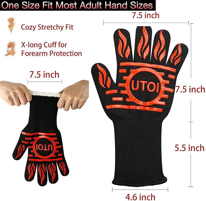 BBQ Grill Gloves for Campfire Cooking, 1472°F Heat Resistant Grilling Gloves for Outdoor Cooking, Barbecue, Fire Pit and Smoker, XL Long Oven Mitts for Kitchen and Baking
