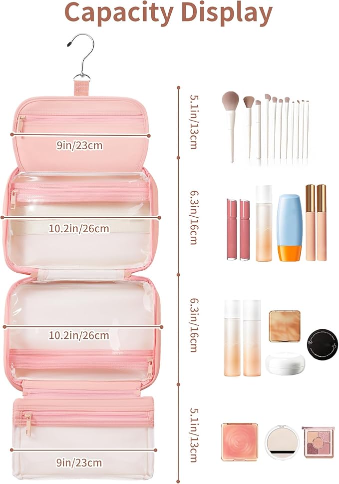 Toiletry Bag for Women & Men, Portable Hanging Makeup Bag/Cosmetic Bag with Compartments, Compact Travel Toiletry Bag Organizers (Pink)