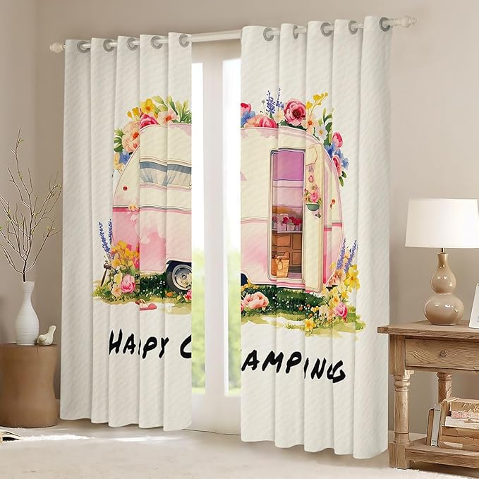 Happy Camping Adventure Window Drapes,RV Trailer Cartoon Camper Blackout Curtains,Rose Flowers Leaf Rustic Nature Nursery Bedroom Playroom Decor,Pink Beige 2 Panels,52Wx63L inch
