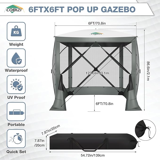 COBIZI 6x6FT Pop Up Gazebo Screen Tent Screen House for Camping, Screen Room with Mosquito Netting, Hub Tent Instant Screened Canopy with Carrying Bag and Ground Stakes, Gray